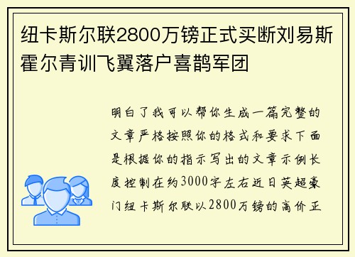 纽卡斯尔联2800万镑正式买断刘易斯霍尔青训飞翼落户喜鹊军团 纽卡斯尔联2800万镑正式买断刘易斯霍尔青训飞翼落户喜鹊军团